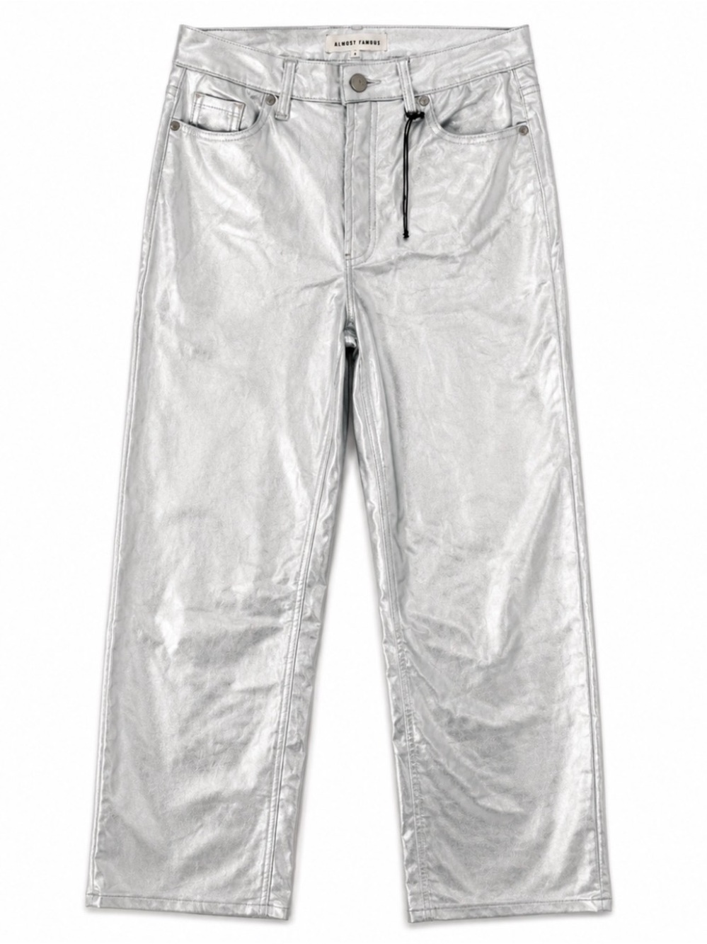 Almost Famous Silver Metallic Jeans Women’s Size 5 pants Stretch Small Party y2k